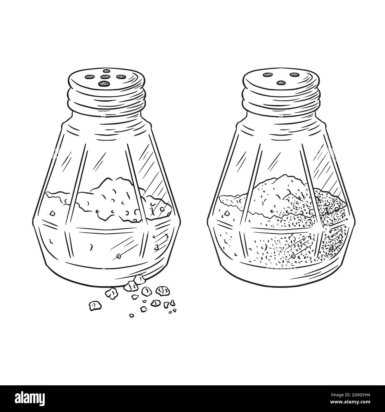 Agitatori per sale e pepe con incisione. Vasi di vetro disegnati a mano che cucinano spezie disegno vettoriale in stile vintage per logo, ricetta, menu, emblema, stampe di cibo, etichette, adesivi Illustrazione Vettoriale