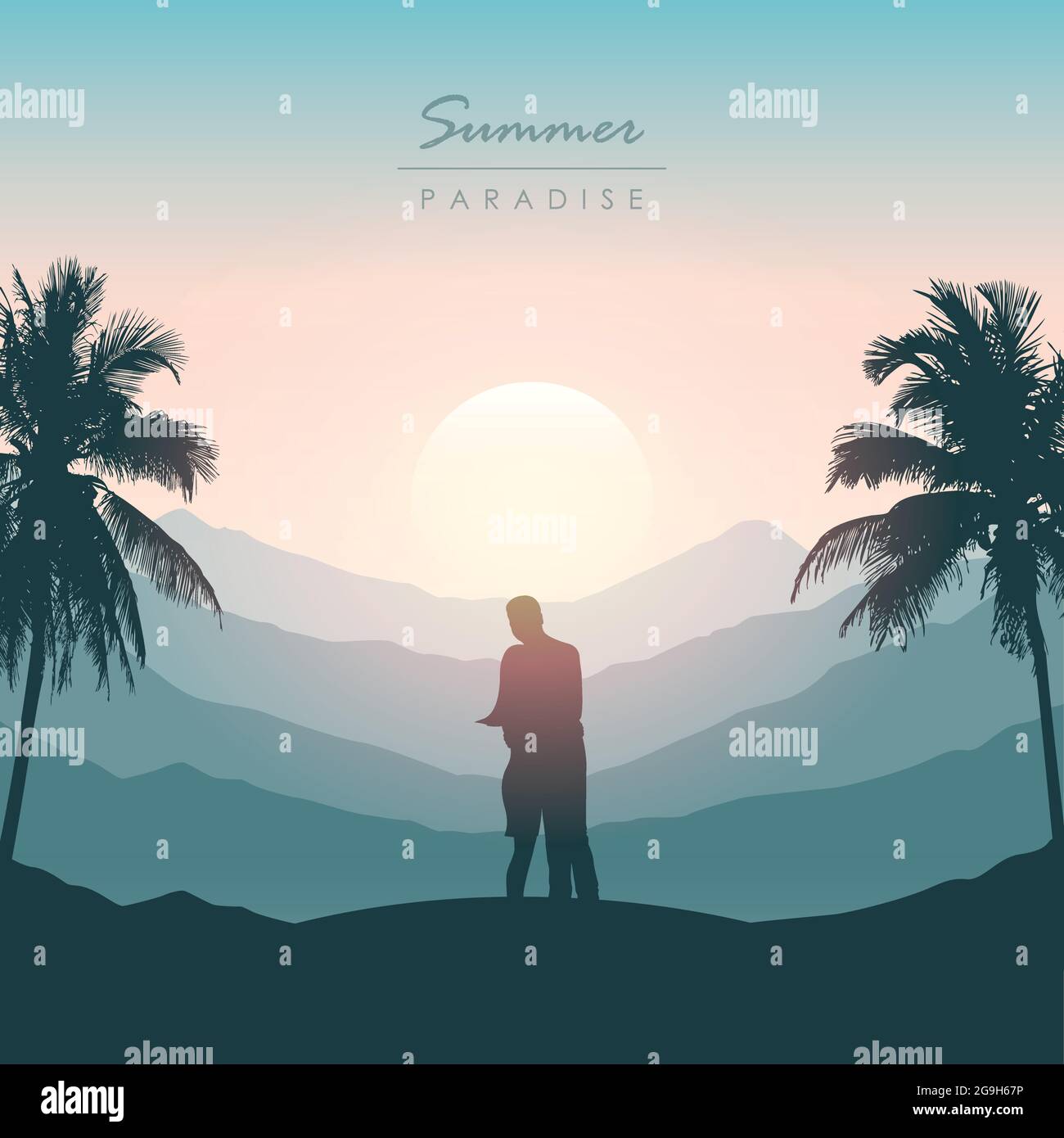 coppia in amore silhouette luna di miele in paradiso su sfondo di palme tropicali Illustrazione Vettoriale