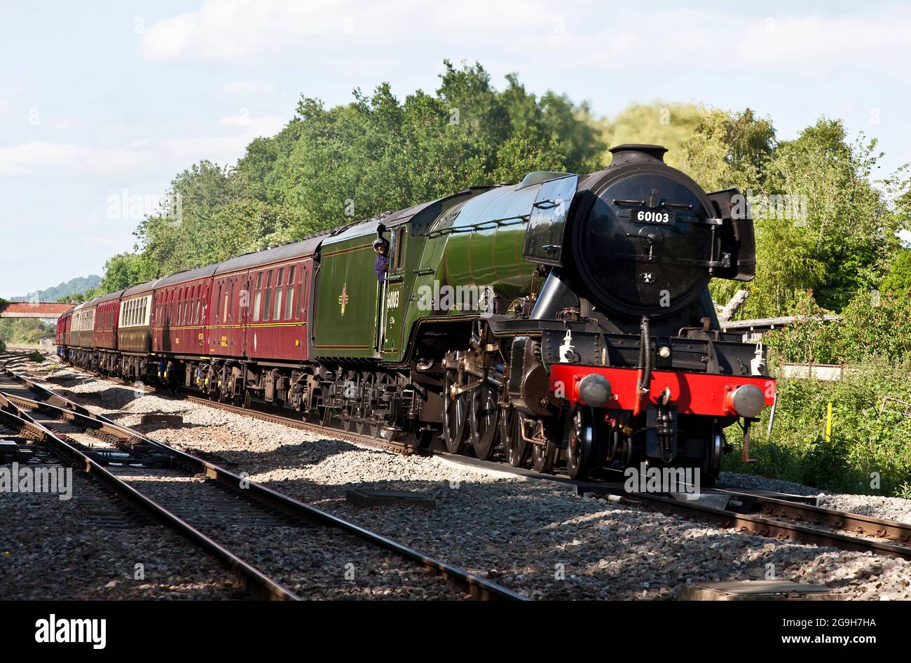 "The Flying Scotsman", l'iconica locomotiva a vapore, passando per l'Haresfield Loop, Gloucestershire, durante il viaggio di ritorno da Worcester a Paddington. Foto Stock