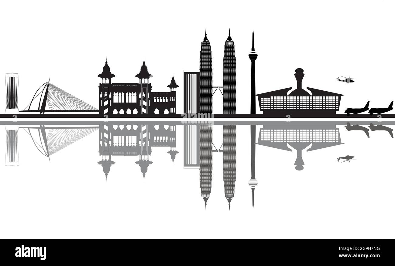 skyline di kuala lumpur con aeroporto, ponte e stazione Illustrazione Vettoriale