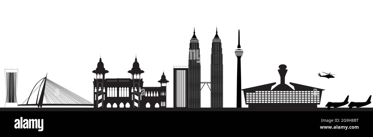 skyline di kuala lumpur con aeroporto, ponte e stazione Illustrazione Vettoriale