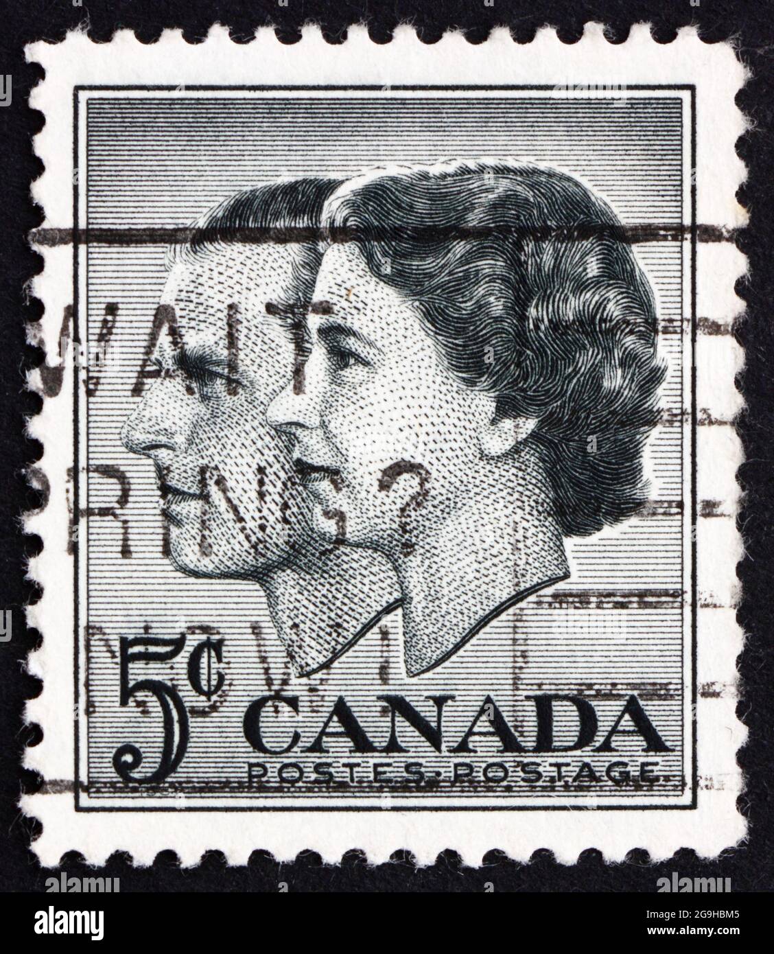 CANADA - CIRCA 1957: Un francobollo stampato in Canada mostra la regina Elisabetta II e il principe Filippo, visita in Canada, circa 1957 Foto Stock