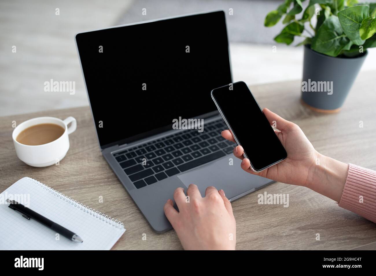 Donna irriconoscibile con telefono cellulare e computer portatile utilizzando la nuova app per lo shopping mobile o il sito Web, seduto sul posto di lavoro in ufficio a casa, mockup per il design. Moder Foto Stock