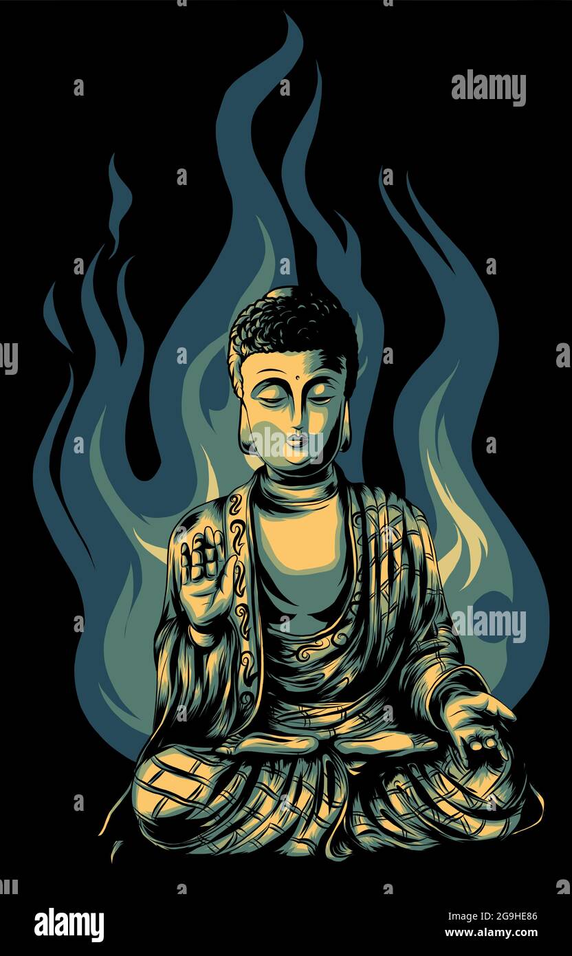 Buddha seduto su sfondo nero. Illustrazione vettoriale. Illustrazione Vettoriale