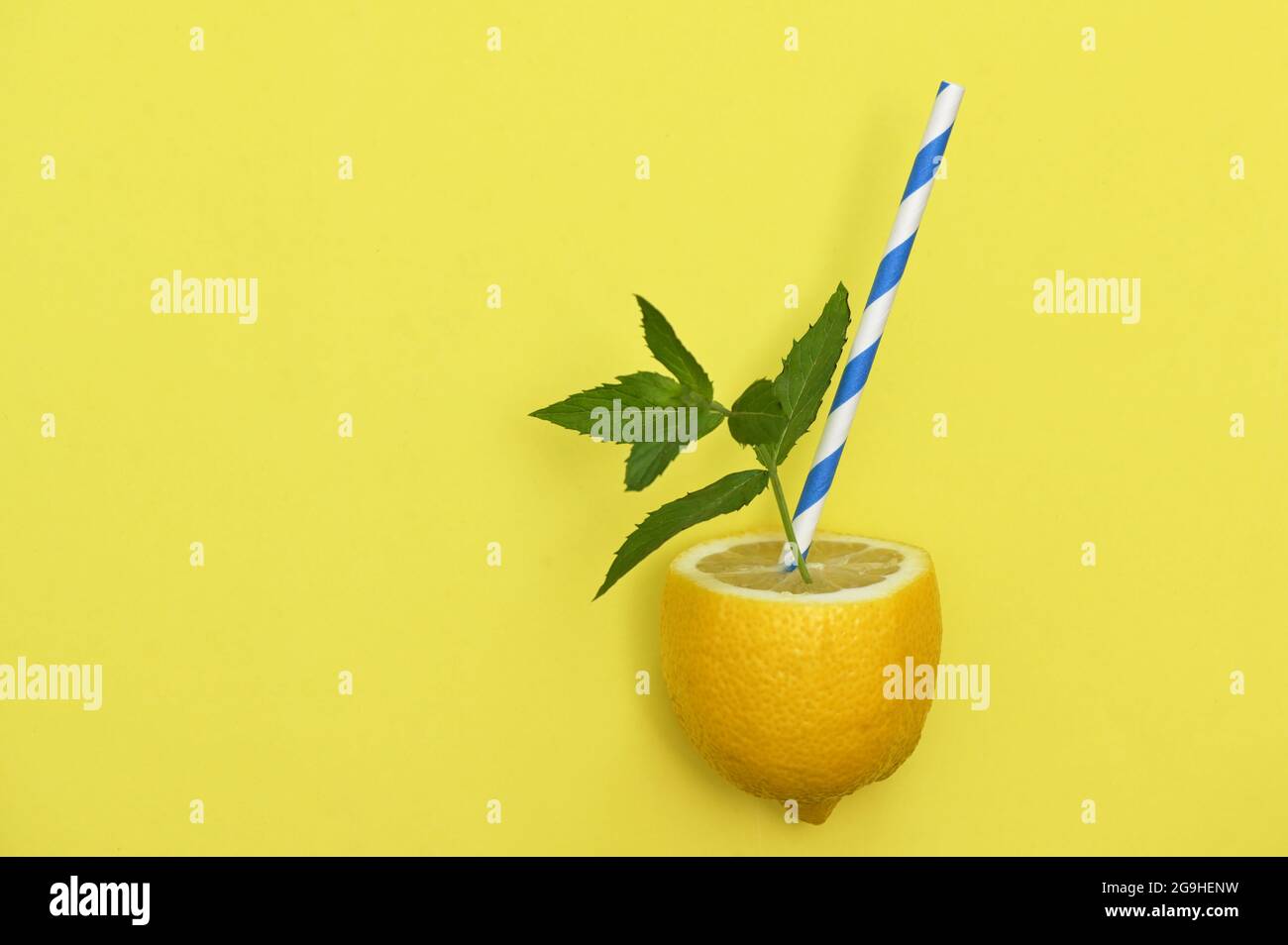Limonata di frutta di limone, paglia di carta e foglie di menta Foto Stock