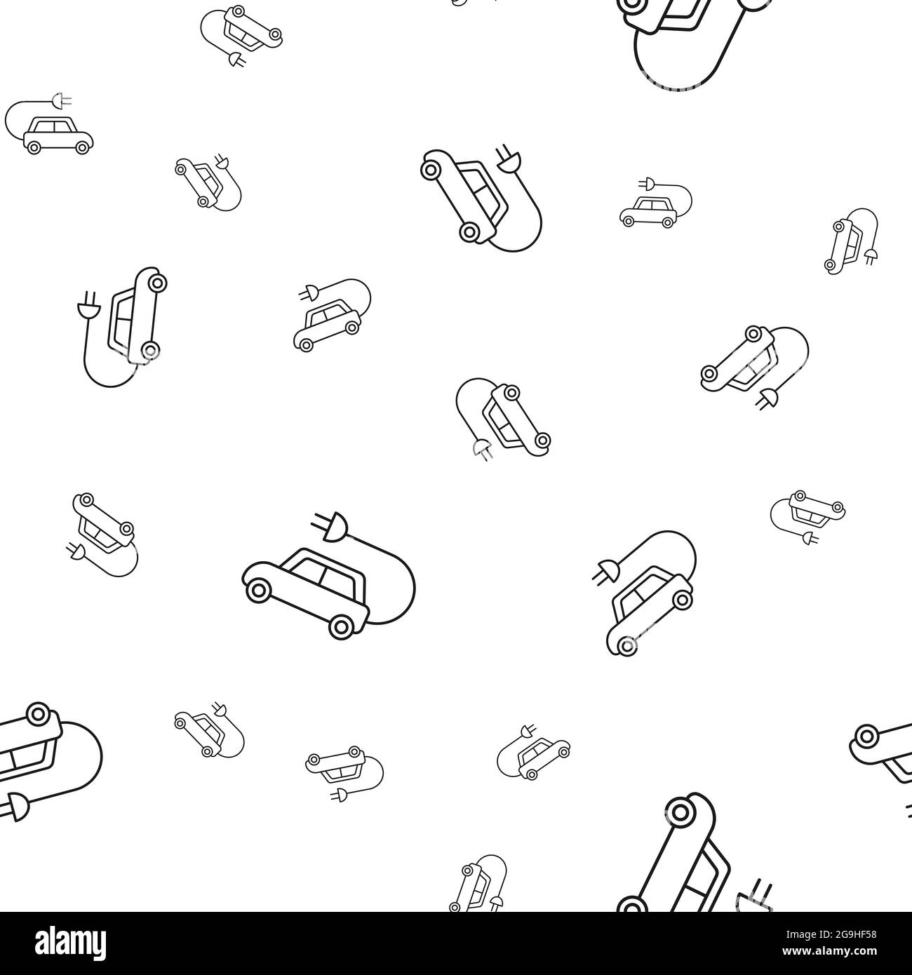 Modello senza cuciture di icone ecologiche. Auto elettrica. Isolato su sfondo bianco. Illustrazione vettoriale. Foto Stock