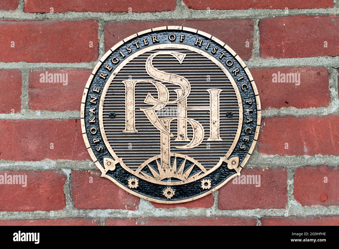Primo piano immagine della targa o emblema utilizzato nelle dimore storiche dal Registro delle dimore storiche di Spokane. Foto Stock