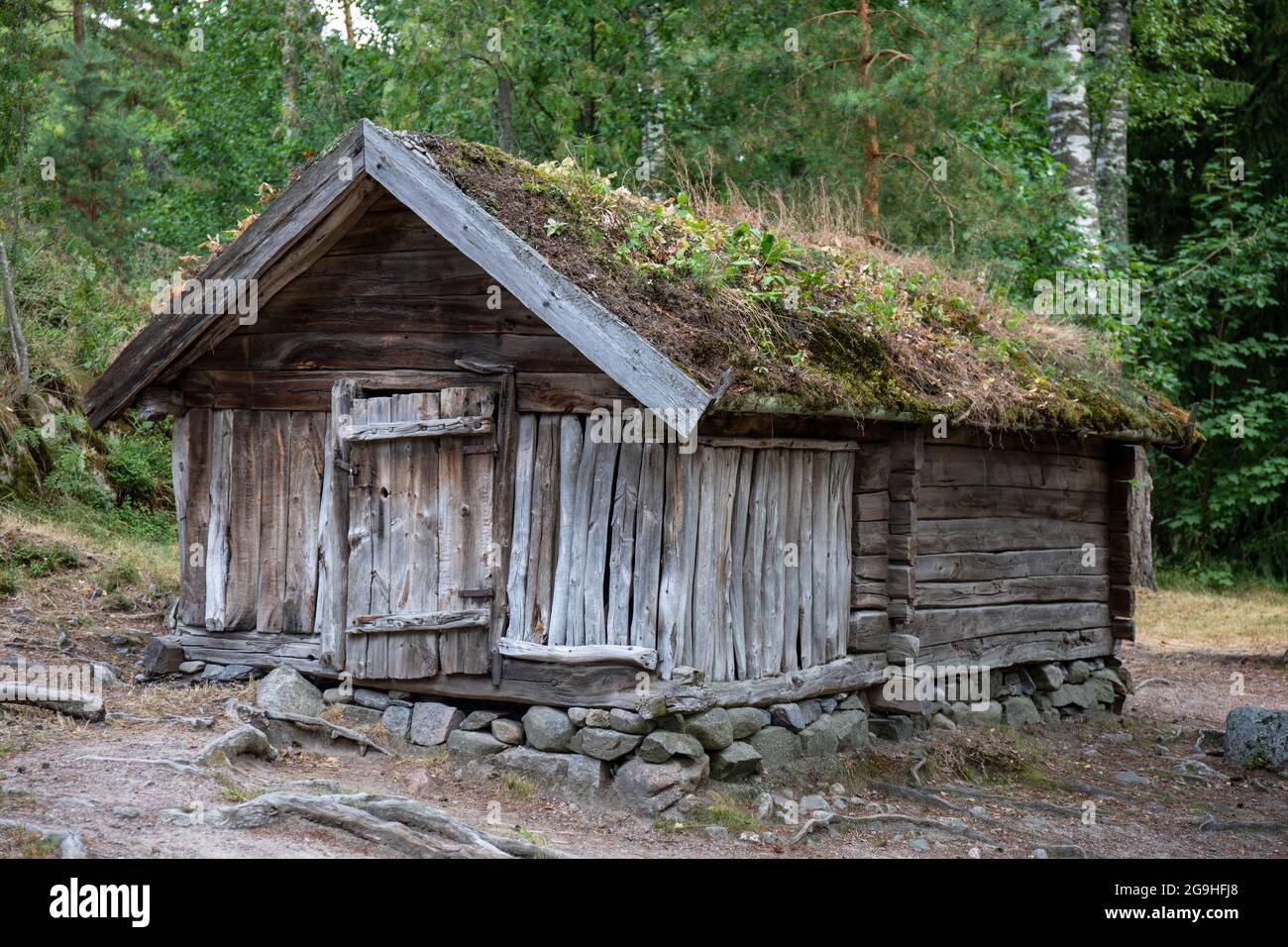 Vecchia cabina di fieno con tetto in erba di Nuorgam (Lapponia) nel Museo all'aperto Seurasaari di Helsinki, Finlandia Foto Stock