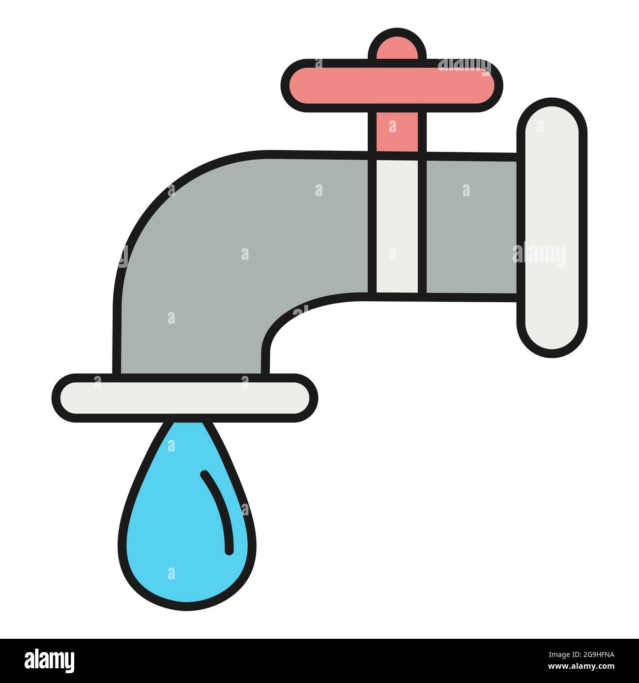 Icona ecologica. Rubinetto con una goccia d'acqua. Isolato su sfondo bianco. Illustrazione vettoriale. Foto Stock
