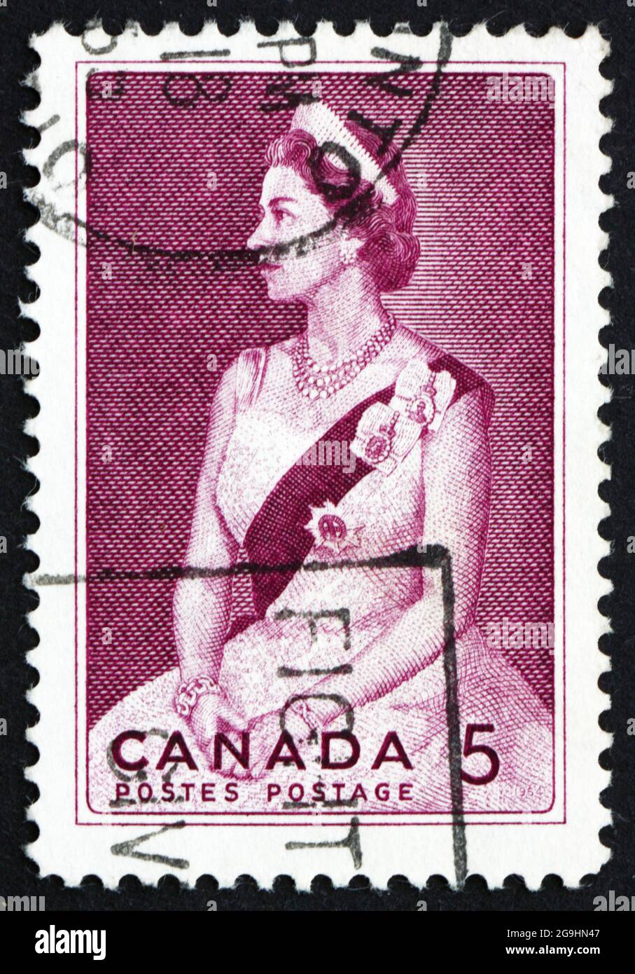 CANADA - CIRCA 1964: Un francobollo stampato in Canada mostra la regina Elisabetta II, visita in Canada, circa 1964 Foto Stock