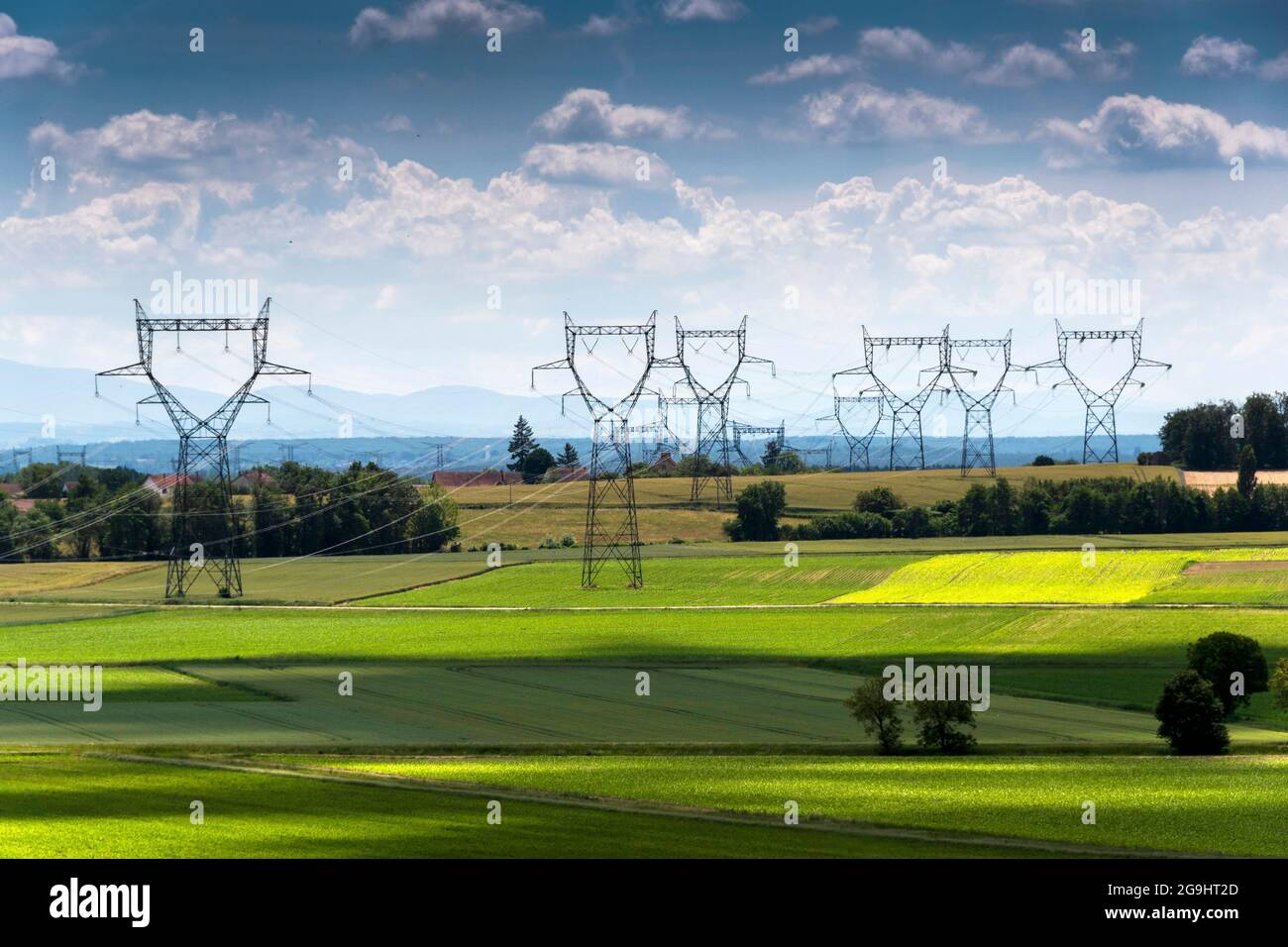 Linee ad alta tensione, dipartimento Allier, Auvergne Rodano Alpi, Francia, Europa Foto Stock