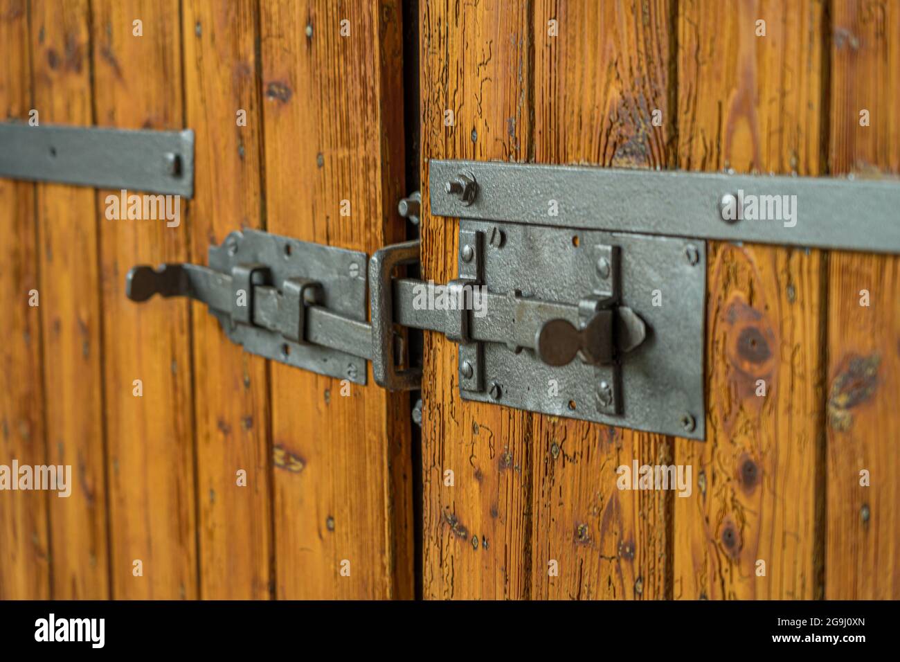 Vecchia porta in legno con serrature antiche in argento Foto stock