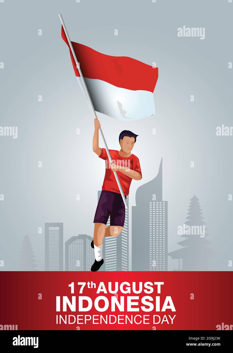 Happy Independence Day Indonesia. Illustrazione vettoriale di un uomo indonesiano con bandiera. Poster, banner, modello di disegno Illustrazione Vettoriale