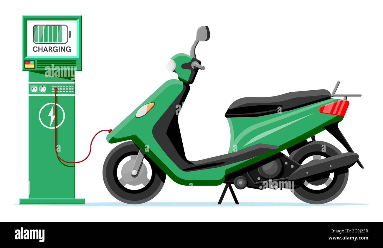 Scooter elettrico e stazione di carica isolati. Illustrazione Vettoriale