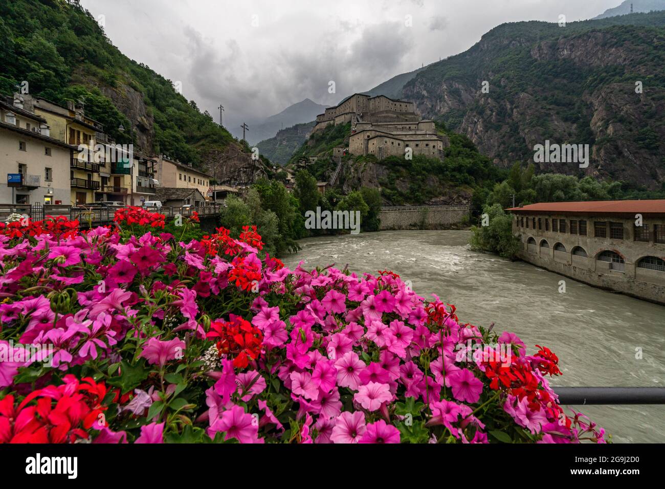 Fiori di petunia rosso e rosa di fronte al Forte Bard, Valle d'Aosta, Italia Foto Stock