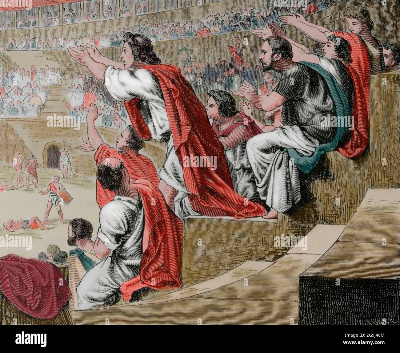 Impero Romano. Spettatori durante una lotta gladiatore. Incisione. Colorazione successiva. La Civilizacion (la civiltà), volume II, 1881. Foto Stock