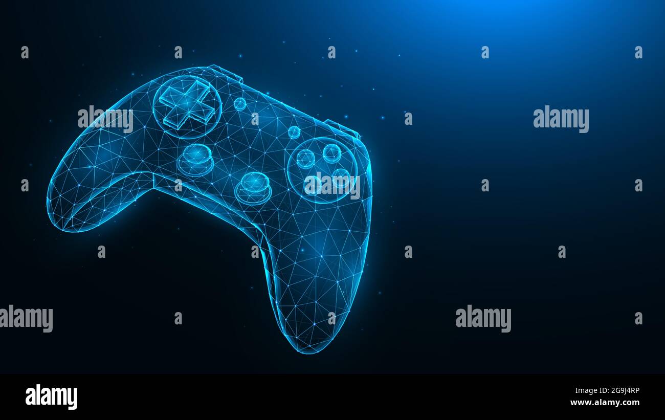 Joystick per videogiochi con design poly basso. Illustrazione poligonale di un controller di gioco su sfondo blu scuro. Illustrazione Vettoriale
