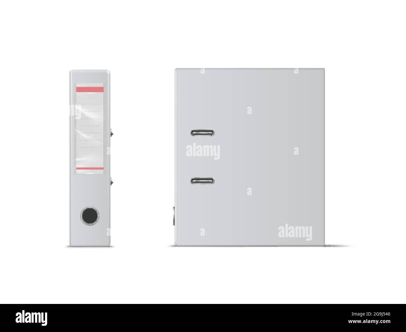 Raccoglitore vuoto per ufficio vettoriale realistico con anelli in metallo, vista verticale, posteriore e laterale. Illustrazione Vettoriale