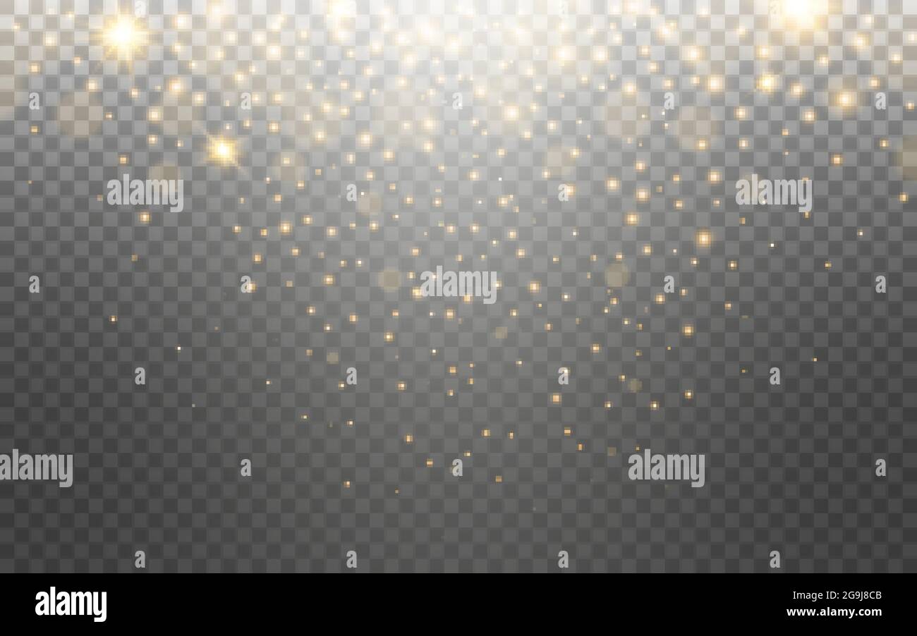 Particelle d'oro glitterato su sfondo trasparente. Stelle e confetti dorati e brillanti. Modello di biglietto di auguri. Caduta effetto Stardust. Vettore Illustrazione Vettoriale