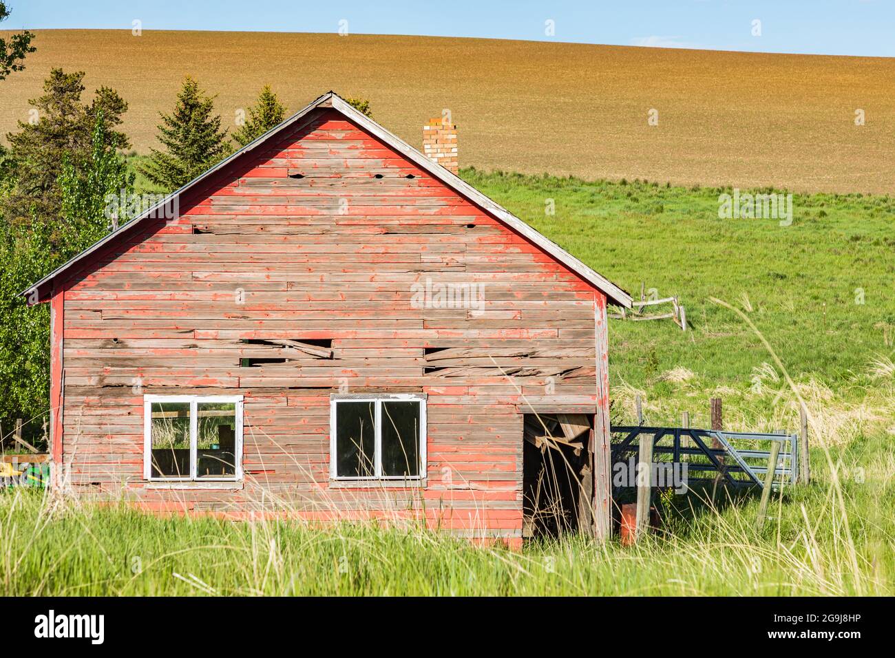 Pullman, Washington, Stati Uniti. 22 maggio 2021. Una casa abbandonata dagli agenti atmosferici rossi nelle colline di Palouse. Foto Stock