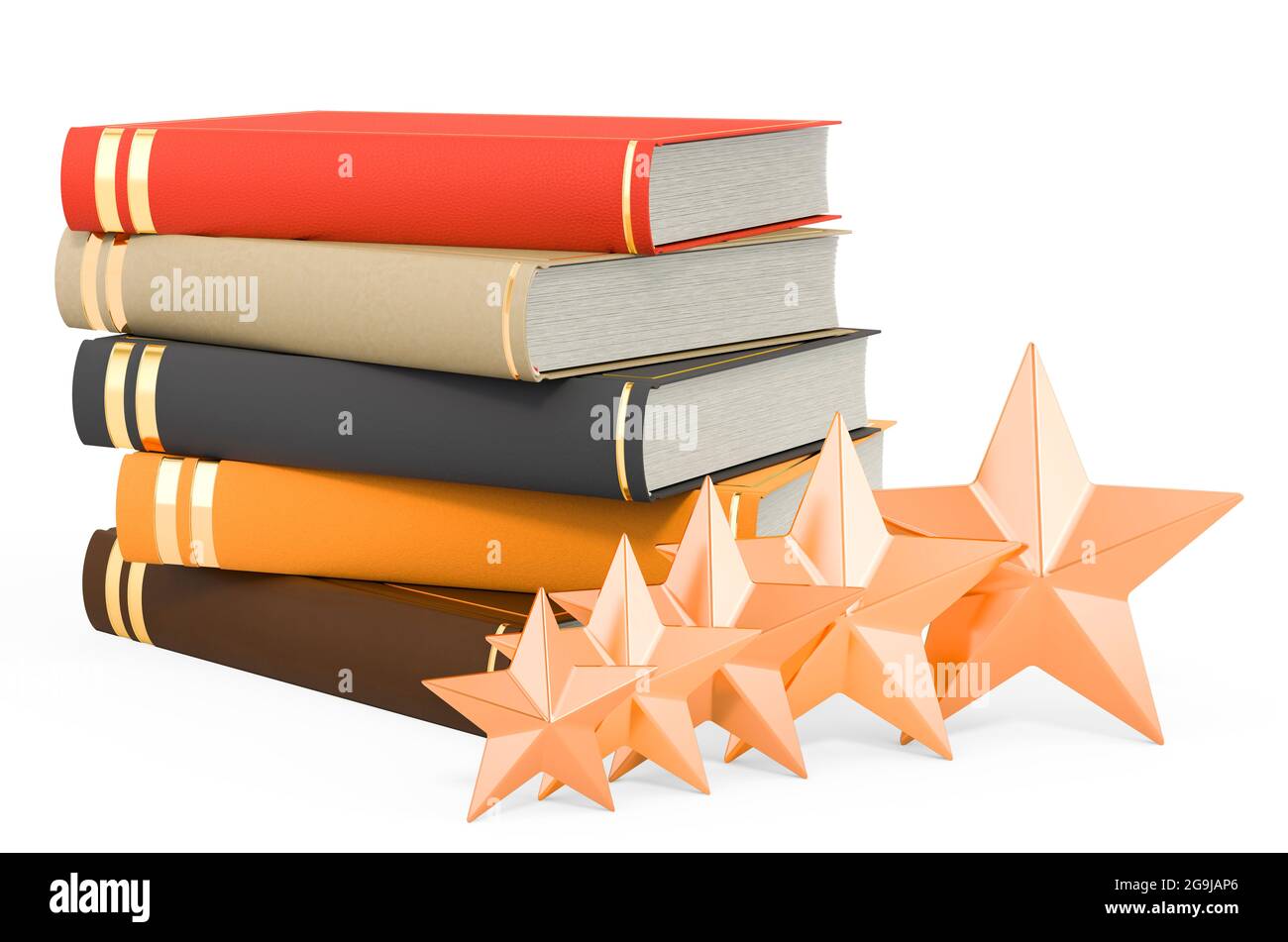 Concetto di revisione del libro. Prenota con cinque stelle d'oro. Rendering 3D isolato su sfondo bianco Foto Stock