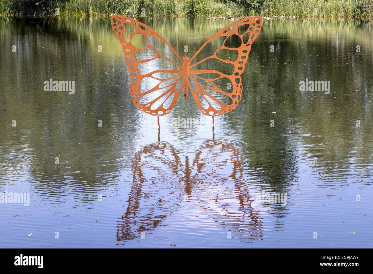 Farfalla di Simon Gudgeon, scultura dei laghi, Pallington, Dorchester, Dorset Foto Stock