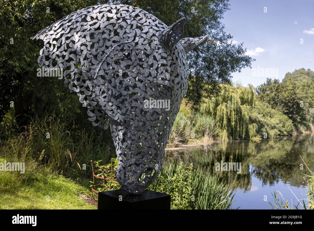 Big Horse Head di Charles Elliot, scultura dei laghi, Pallington, Dorchester, Dorset Foto Stock