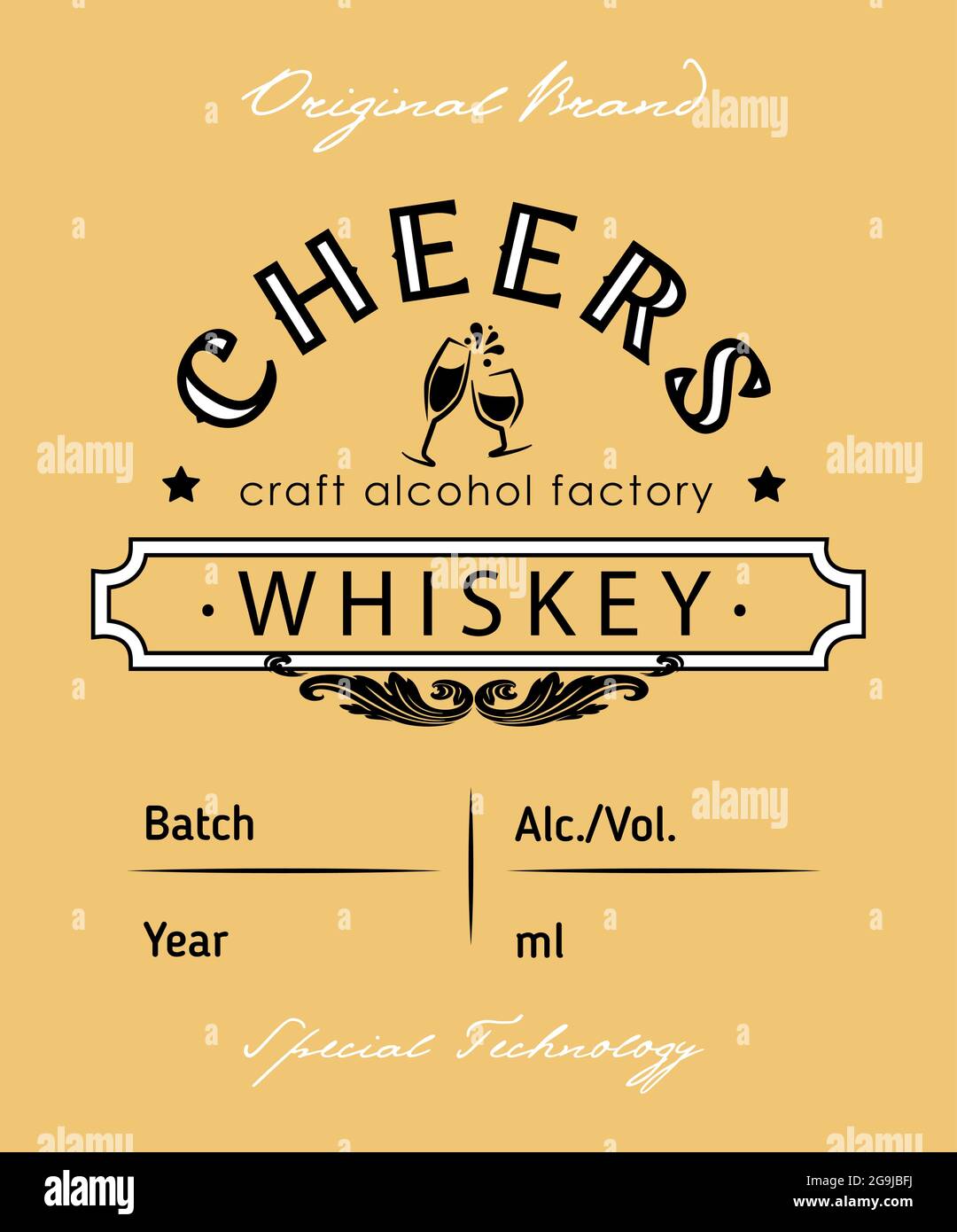 design con etichetta whiskey con elementi etnici in stile sottile. Emblema dell'industria dell'alcol, attività di distillazione. Monocromatico, nero su bianco. Posiziona per il testo Illustrazione Vettoriale