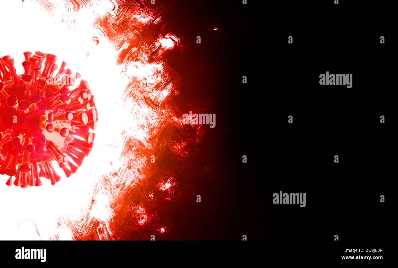 Grafica per computer creativa CG 3D illustrazione di una corona rossa e aggressiva cellula virus brillare e bruciare con scarlett fiamme contro un backgr nero Foto Stock