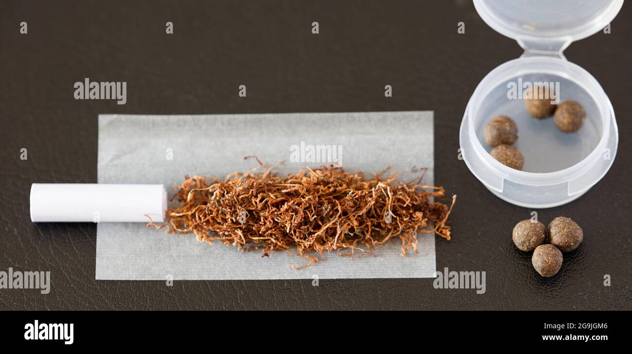Preparazioni per sigari con hashish, filtro di cartone, carta, tabacco, contenitore di plastica e hashish Foto Stock