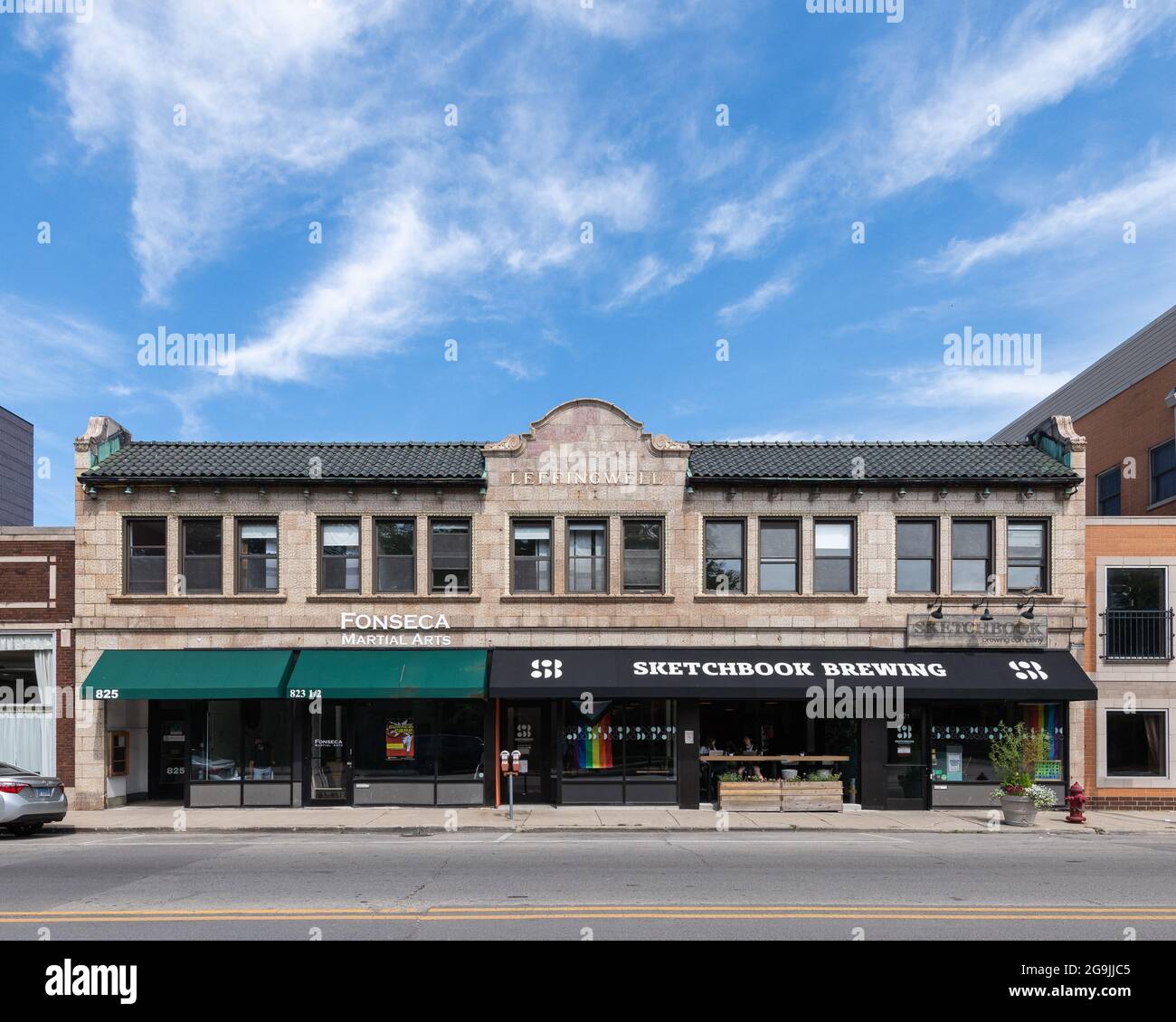 Sketchbook Brewing, edificio commerciale nel centro di Evanston Foto Stock
