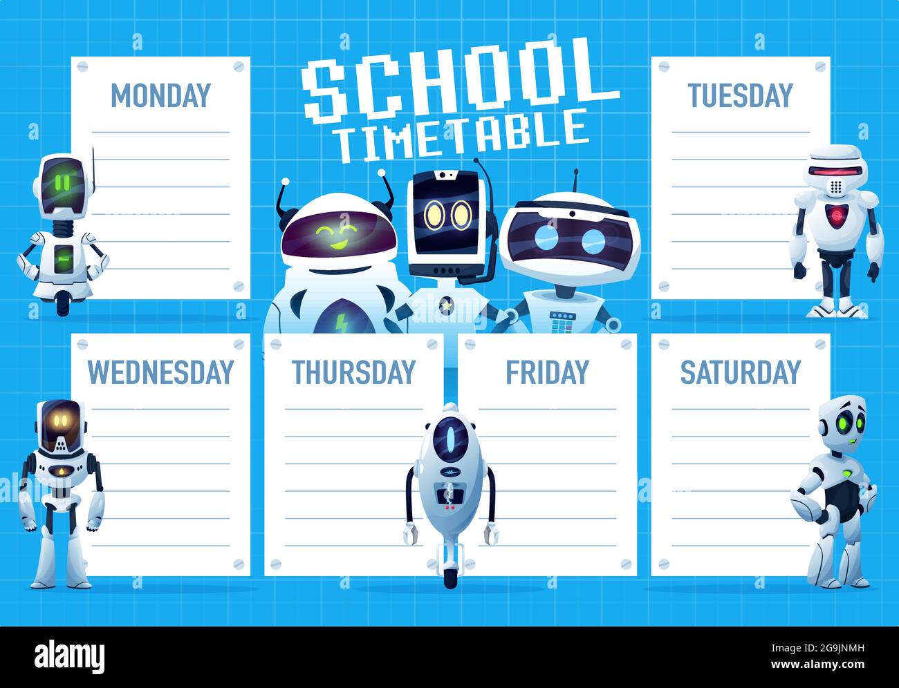 Calendario con robot cartoni animati e droidi modello vettoriale. Pianificazione settimanale dell'educazione scolastica, piano di studio e tabella tempo delle lezioni degli studenti wit Illustrazione Vettoriale