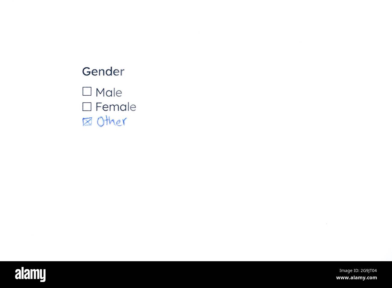 Modulo per selezionare il sesso in cui è stata aggiunta l'opzione Altro mediante scrittura a mano. Concetti di inclusione e non discriminazione. Immagine senza persone e w Foto Stock