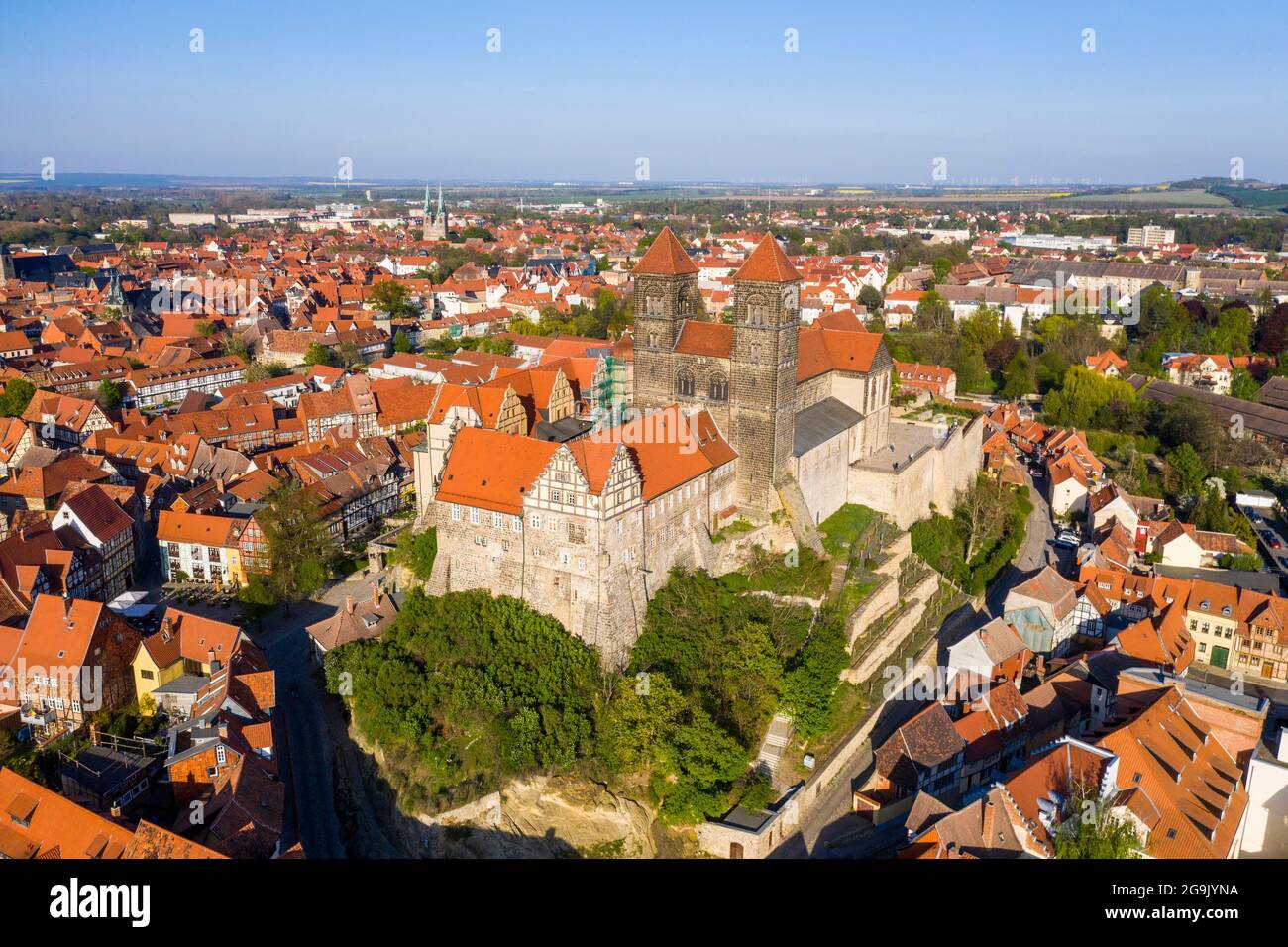Aereo del sito patrimonio dell'umanità dell'UNESCO la città di Quedlinburg, Sassonia-Anhalt, Germania Foto Stock