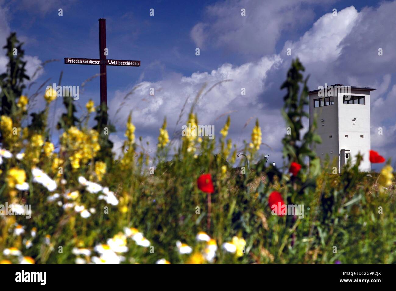 Croce di pace sul Dachsfeld, torre di osservazione delle truppe di confine della RDT, torre di guardia di confine, pescatore del Gottilf, fiori di prato, fiori di campo Foto Stock