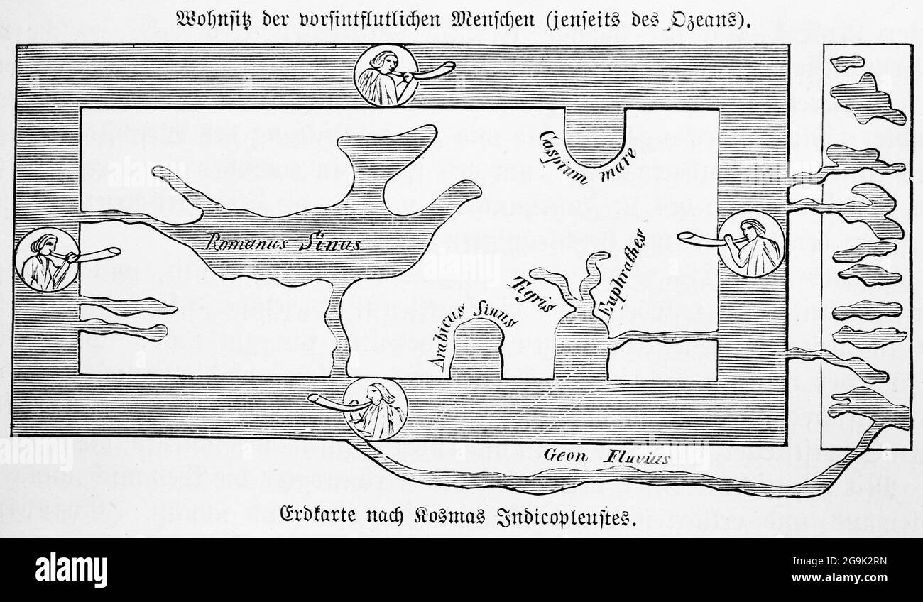 Dimora del popolo antediluviano, mappa della terra dopo Kosma Indicopleustes, tardo scrittore e viaggiatore d'antiquariato, mappa storica del mondo Foto Stock