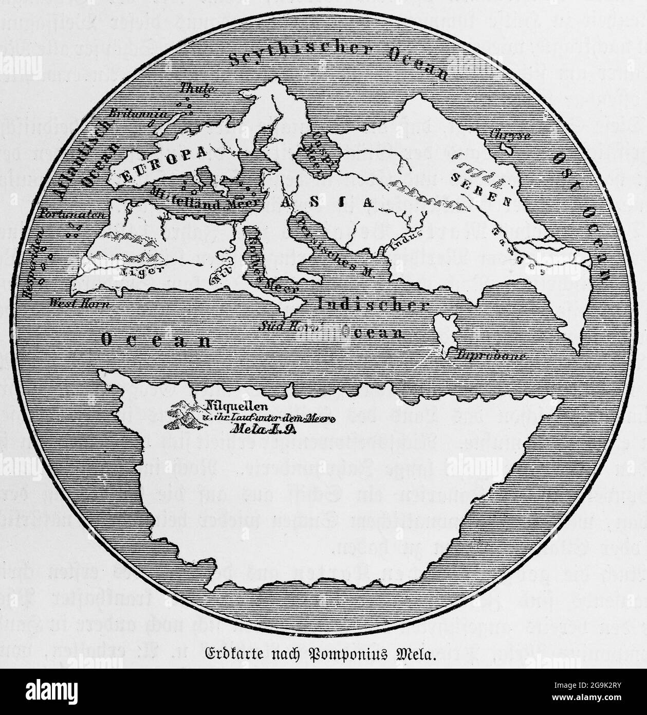 Mappa della Terra (43-44 d.C.) dopo il geografo e cosmografo romano Pomponius Mela, mappa storica del mondo, illustrazione del 1881 Foto Stock