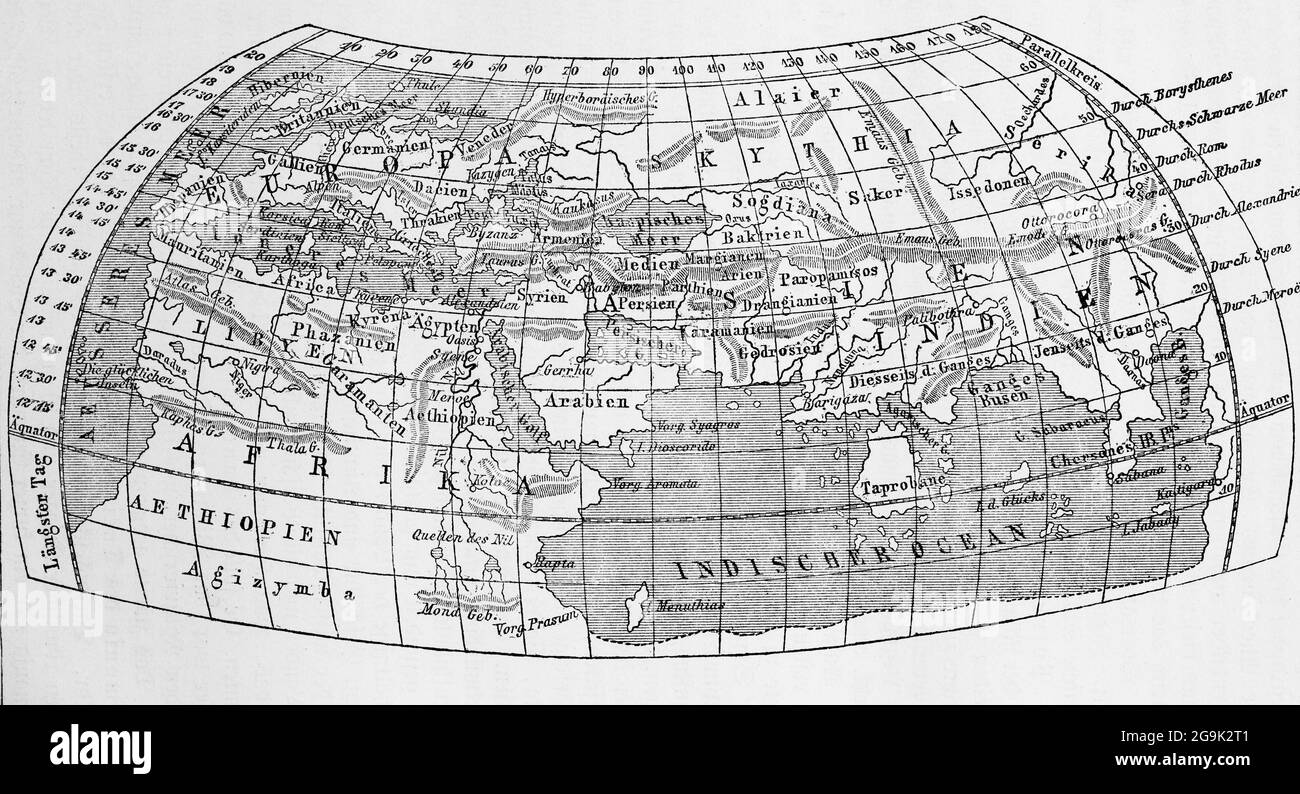 Vista della Terra del matematico greco Claudius Tolomeo, mappa del mondo storico, illustrazione del 1881 Foto Stock