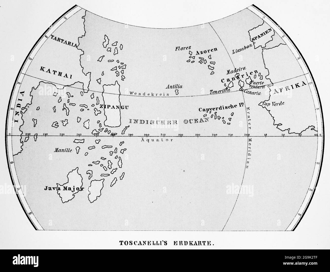 Mappa della terra del XV secolo del matematico e astronomo italiano Paolo dal Pozzo Toscanelli mappa del mondo storico, illustrazione del 1881 Foto Stock