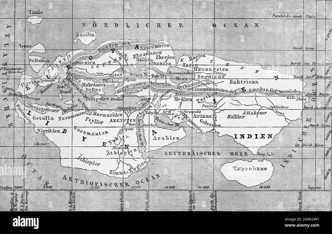 Vista della terra dal matematico greco Eratothenes (III secolo a.C.), mappa del mondo storico, illustrazione dal 1881 Foto Stock