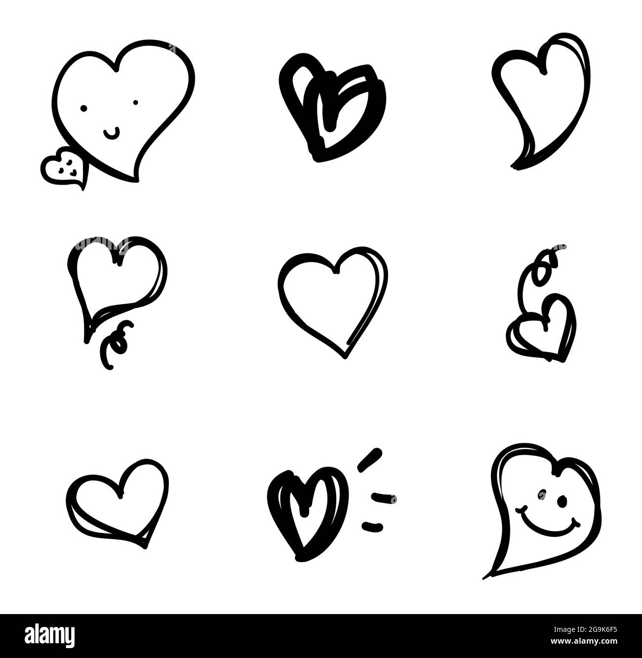Carino insieme di disegni doodle di cuori schizzi: Rimbalzare, sorridente, in coppia e altre variazioni su sfondo bianco. Illustrazione Vettoriale
