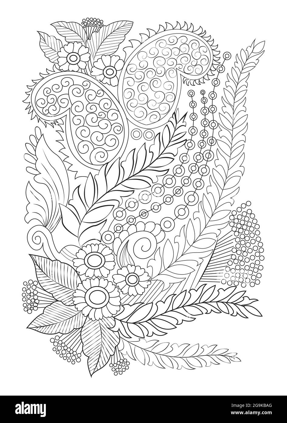 Disegno a mano fiore pagina di colorazione. Stampa floreale fiore ramo Pro Vector Illustrazione Vettoriale