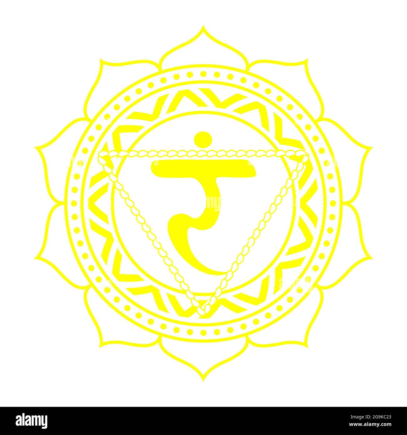 Il terzo chakra di Manipur. Solar Plexus Chakra con sanscrito indù. Il giallo è un simbolo piatto della meditazione, yoga.Illustrazione Foto Stock