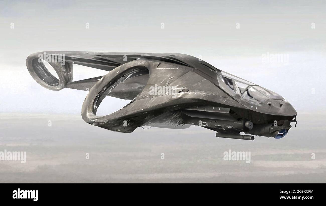 Illustrazione 3D digitale generato mix media concept design di fantascienza futuristico veicolo arma mecc jet aereo Foto Stock