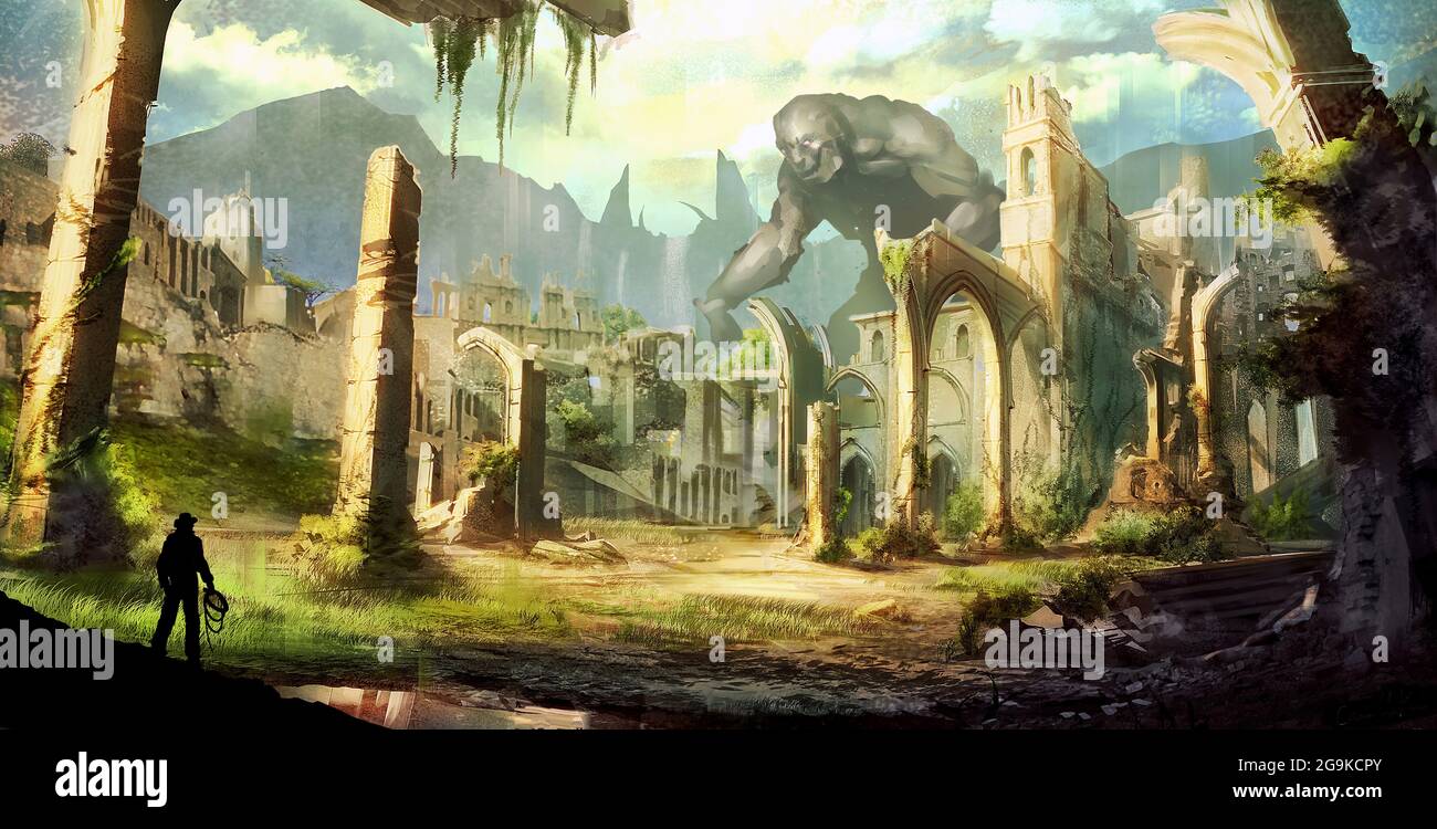 illustrazione 2d mix di media di avventura fantasy in remota antica civiltà abbandonata rovina città con gigantesca creatura mostro che protegge la città cancello v Foto Stock