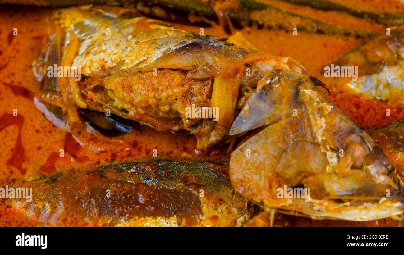 Delizioso pesce sgombro fatto in casa curry con la signora dito cotto nel latte di cocco. Piatti molto popolari nella Malesia settentrionale. Foto Stock