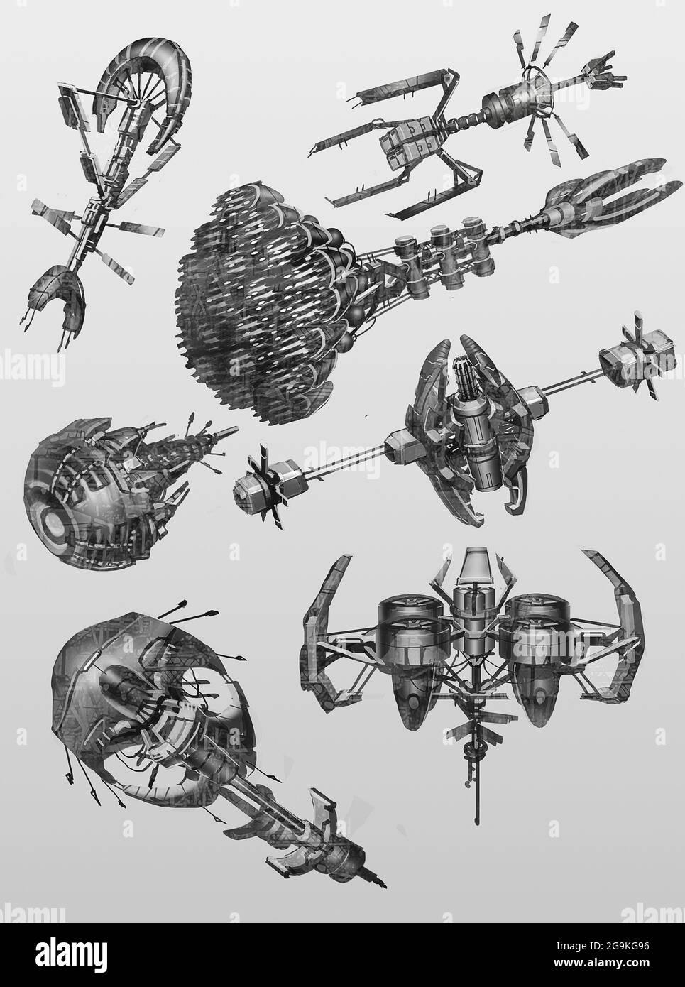 illustrazione digitale di vari schizzi futuristici di progettazione di stazione spaziale Foto Stock