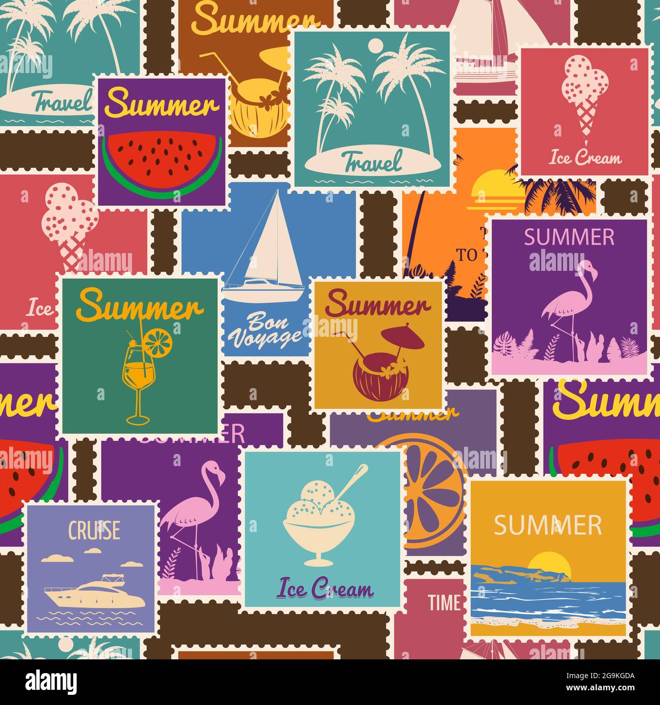 Francobolli senza giunture motivo Estate vacanza. Retrò sfondo segni viaggio esotico tour. Illustrazione vettoriale sfondo vintage stile per sfondo Illustrazione Vettoriale