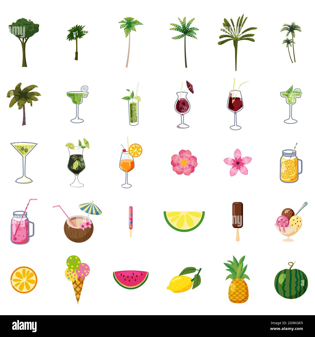 Elementi del set estivo gelato, bevande, palme, frutta, fiori. Icone di collezione per biglietti, poster, adesivi. Illustrazione stile cartoon vettoriale Illustrazione Vettoriale