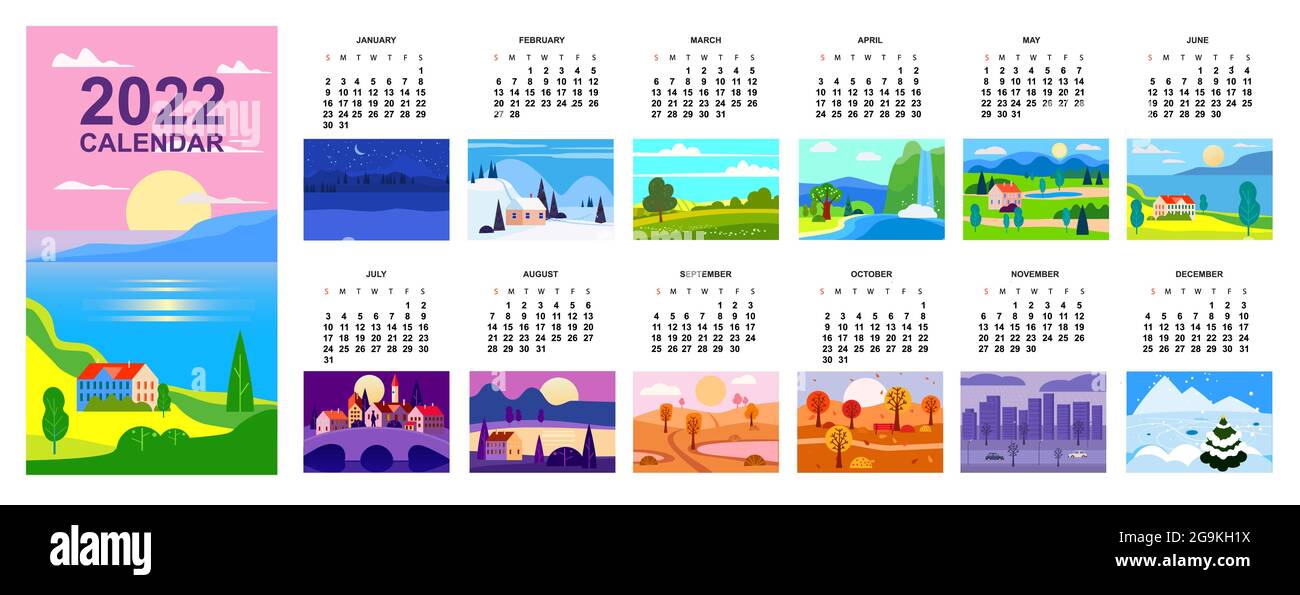 2022 Calendario paesaggio naturale sfondi di quattro stagioni. Winter Wonderland, fresco in primavera, caldo giorno di sole in estate, autunno con foglie che cadono Illustrazione Vettoriale